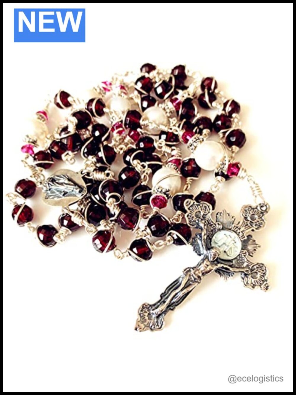 Sterling Silver Garnet Bead Real Pearl Rosary Cross Necklace Catholic Gift